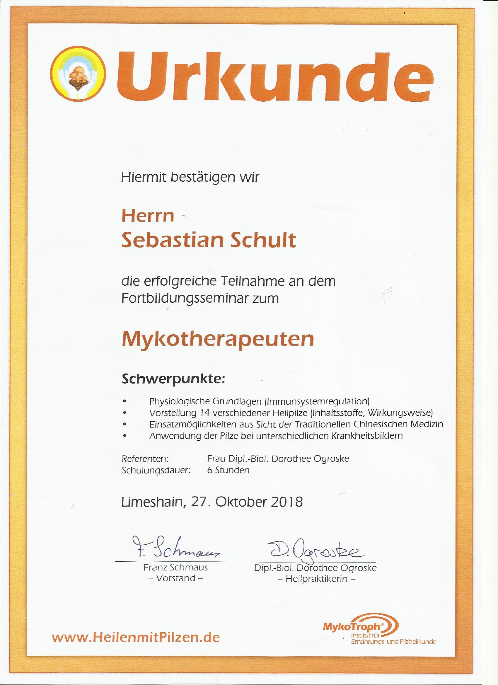 Urkunde Mykotherapie (Pilzheilkunde)